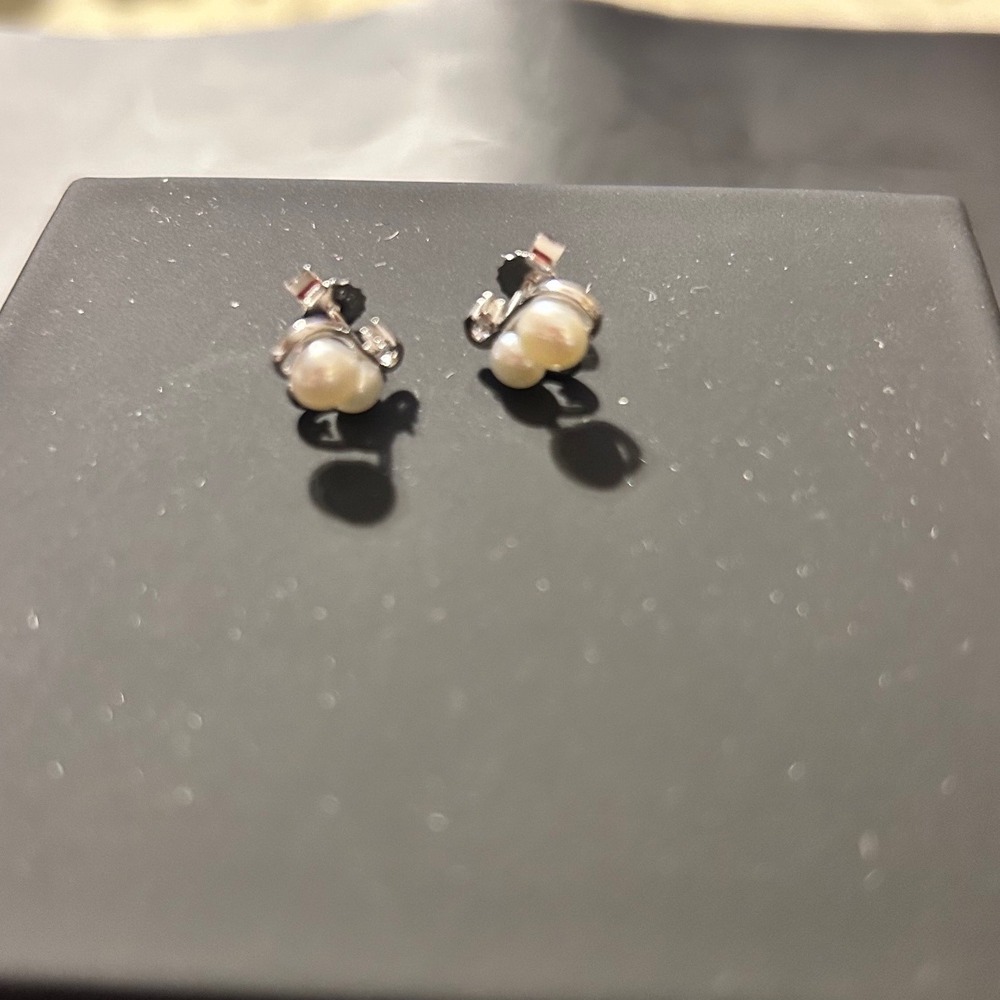 925 Double Pearl Swirl Stud Earrings White Cultured Pearl with Diamond Accents